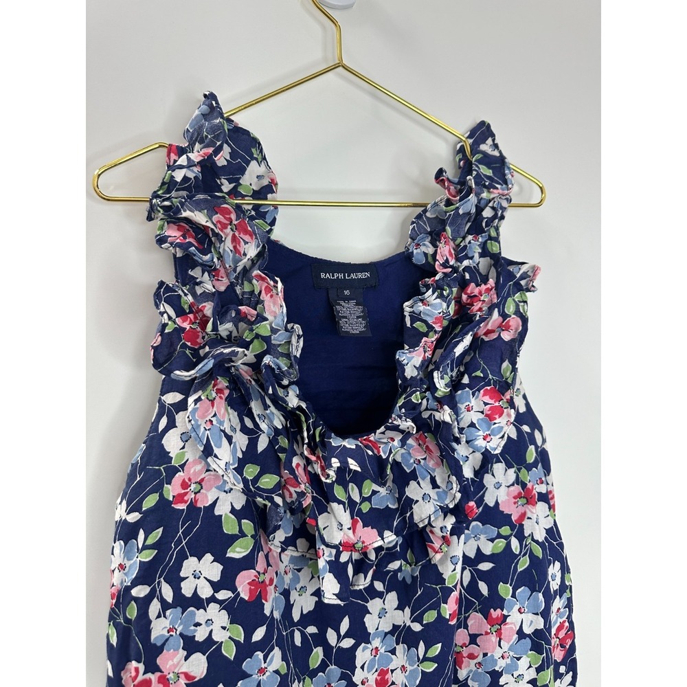 Ralph Lauren Girls Navy Blue Pink Floral Ruffle Cotton Sundress Size 16 Kids - Picture 6 of 11